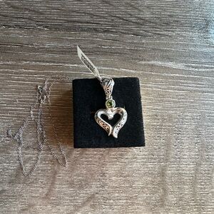 Silver Heart Pendant Necklace with Green Peridot Gemstone Accent 20 Inch Chain